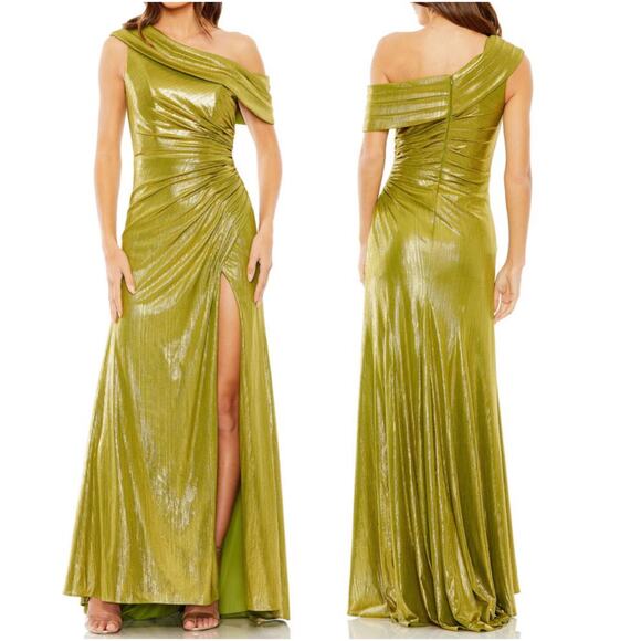 Mac Duggal NWT Off The Shoulder Ruched Waist Slit Metallic Gown Green Size 4 - Picture 1 of 9